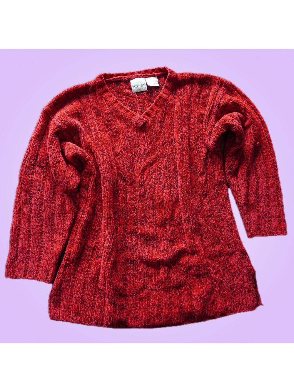 Bentley Womens Small Red Knit V-Neck Sweater Top Long Sleeve Pullover